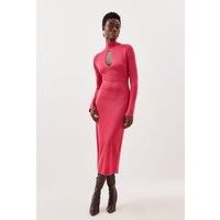 Slinky Viscose High Neck Keyhole Knit Midi Dress