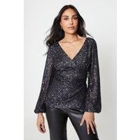 Womens Petite Sequin Long Sleeve Wrap Top