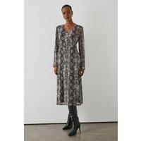 Snake Print Mesh Wrap Midi Dress