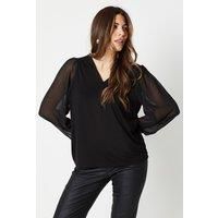 Woven Shirred Sleeve Jersey Top