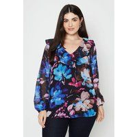 Womens Curve Black Floral Frill Neck Woven Top