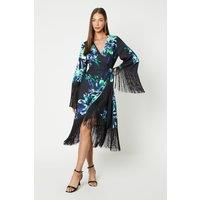 Printed Fringe Wrap Midi Dress