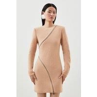 Premium 100% Washed Wool Knit Zip Detail Mini Dress