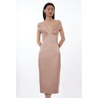 Italian Satin Tailored Off Shoulder Panelled Midi Dress