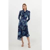 Floral Print Viscose Satin Asymmetric Woven Maxi Dress