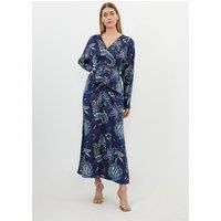 Floral Print Viscose Satin Batwing Long Sleeve Midi Dress