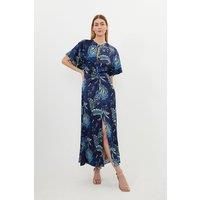 Floral Print Viscose Satin Batwing Midi Dress