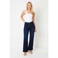 Womens High Rise Button Detail Patch Pocket Flare Jeans