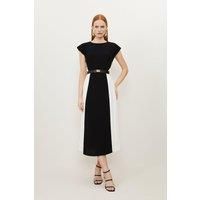 Fluid Tailored Contrast Pleated Panel Skirt Midi Dress