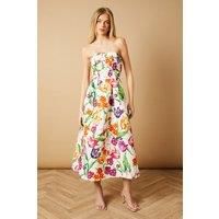 Occasion Floral Twill Strapless Midi Dress