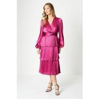 Tiered Pleated Skirt Satin Midi Dress With Long Sleeve