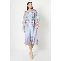 Placement Print Cloudy Organza Midi Dress