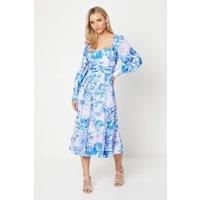 Petite Square Neck Georgette Midi Dress In Floral Print