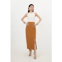 Petite Compact Stretch Side Split Tailored Midi Pencil Skirt