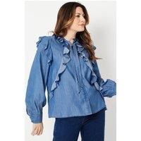 Denim Tencel Frill Tie Neck Blouse