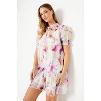 Blurred Floral 3d Flower Puff Sleeve Mini Dress