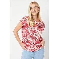 Petite Leaf Print Viscose Blend Asymmetric Neck Shell Top