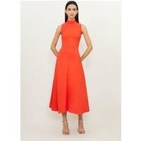 Compact Stretch Viscose Tailored High Neck Tie Detail Midi Dress