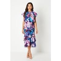 Georgette Jacquard Midi Dress With Ruched Skirt