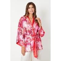 Tropical Satin Jacquard Belted Kimono