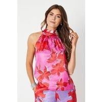 Floral Satin Jacquard Tie Neck Halter Top