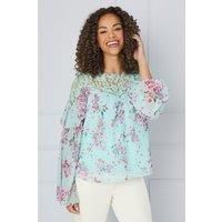 Womens Printed Lace Trim Blouse