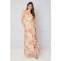 Palm Print Halterneck Ruffle Maxi Dress