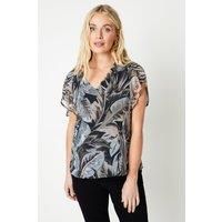 Petite Digital Floral Print V Neck Tulip Sleeve Top