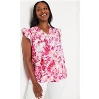 Womens Curve Pink Floral V-Neck Ruffle Sleeve Top