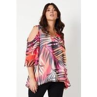 Curve Palm Print Ruffle Sleeve Top