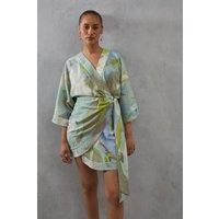 Linen Wrap Marble Print Kimono Mini Dress