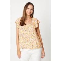 Yellow Floral V Neck Frill Sleeve Blouse