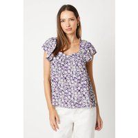 Womens Purple Floral V Neck Frill Sleeve Blouse