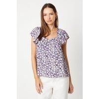 Womens Purple Floral V Neck Frill Sleeve Blouse