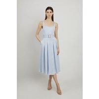 Tailored Linen Belted Full Skirt Midi Dress