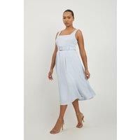 Plus Size Premium Tailored Linen Belted Full Skirt Midi Dress