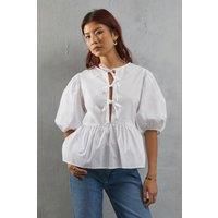 WAREHOUSE Poplin Tie Front Volume Sleeve Blouse