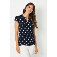 Navy Spot Jersey Flutter Sleeve Keyhole Bubble Hem Top