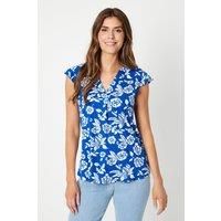 Blue Floral Jersey Sleeveless Frill Top