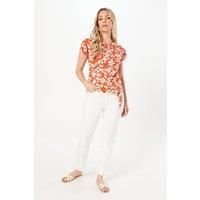 Womens Red Floral Tie Side Jersey T-shirt