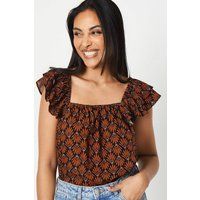 Womens Petite Fan Print Square Neck Cap Sleeve Top