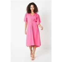 Womens Pink Chiffon Bar Detail Flutter Sleeve Midi Dress