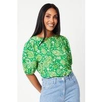 Womens Petite Green Abstract Puff Sleeve Top