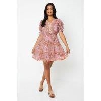 Patchwork Dobby Chiffon V Neck Trim Insert Skater Dress