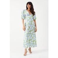 Satin Button Through Volume Sleeve Midi Tea Dress