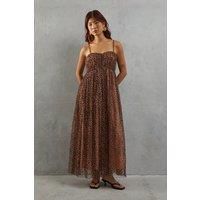 Tulle Animal Print Strappy Bandeau Maxi Dress