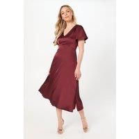 Wallis Womens Midi Dress Plum V-Neck Flutter Sleeves Cut Out Back Fit Flare