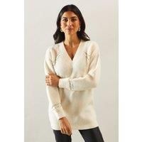 Womens Stud Detail V Neck Ribbed Jumper