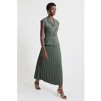 Tailored Crepe Pleat Full Skirt Belted Midaxi Dress