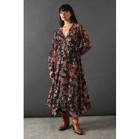 Warehouse Womens Floral Midi Dress Floral V Neck Long Sleeve Asymmetrical Hem